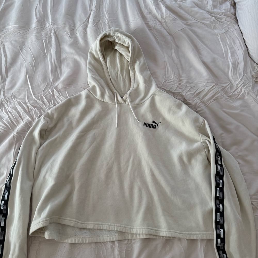 Puma Off-White Cropped Hoodie with Checkered Sleeves